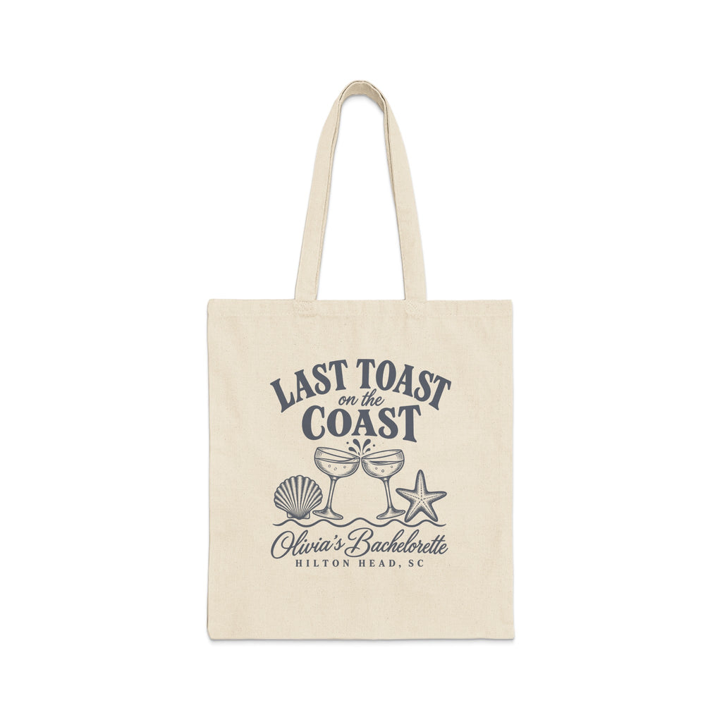 Tote bag with "Last Toast on the Coast" and "Olivia's Bachelorette Hilton Head, SC" text.