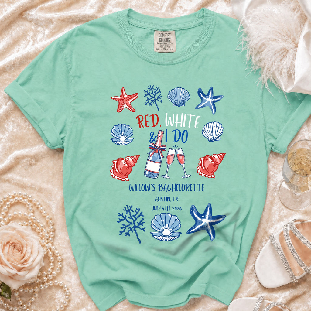Mint green t-shirt with "Red, White & I DO" text and beachy graphics.