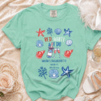 Mint green t-shirt with "Red, White & I DO" text and beachy graphics.