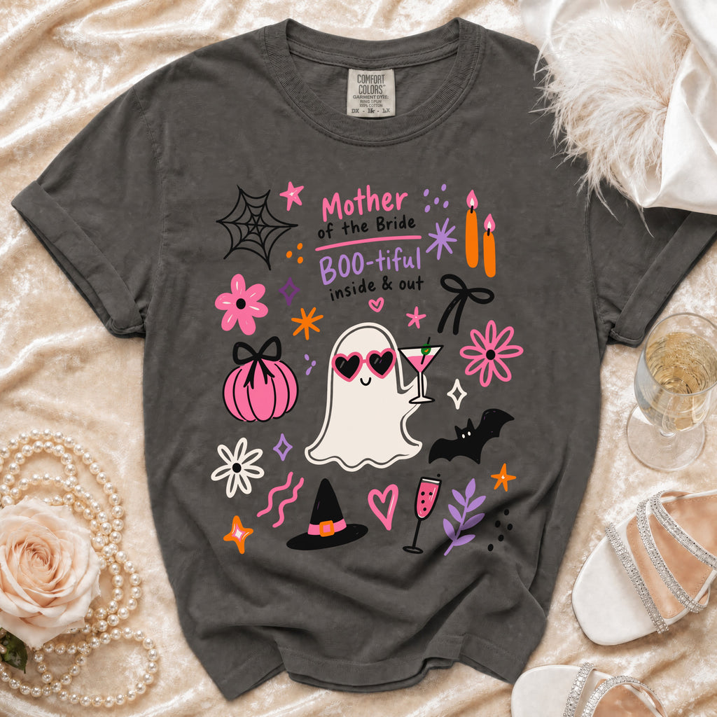 Gray t-shirt with "Mother of the Bride BOO-tiful inside & out" text and Halloween-themed graphics.
