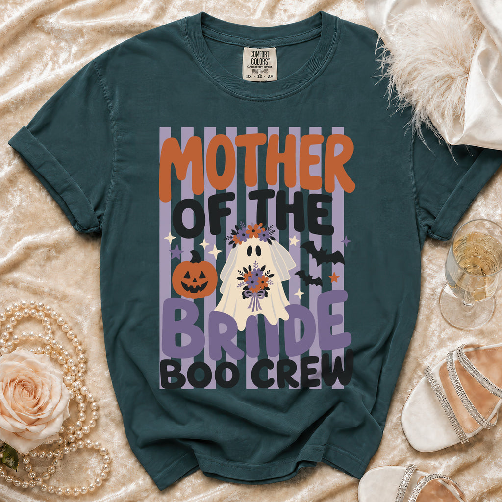 Teal t-shirt with "MOTHER OF THE BRIDE BOO CREW" text and a ghost bride graphic.