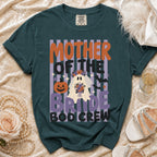 Teal t-shirt with "MOTHER OF THE BRIDE BOO CREW" text and a ghost bride graphic.