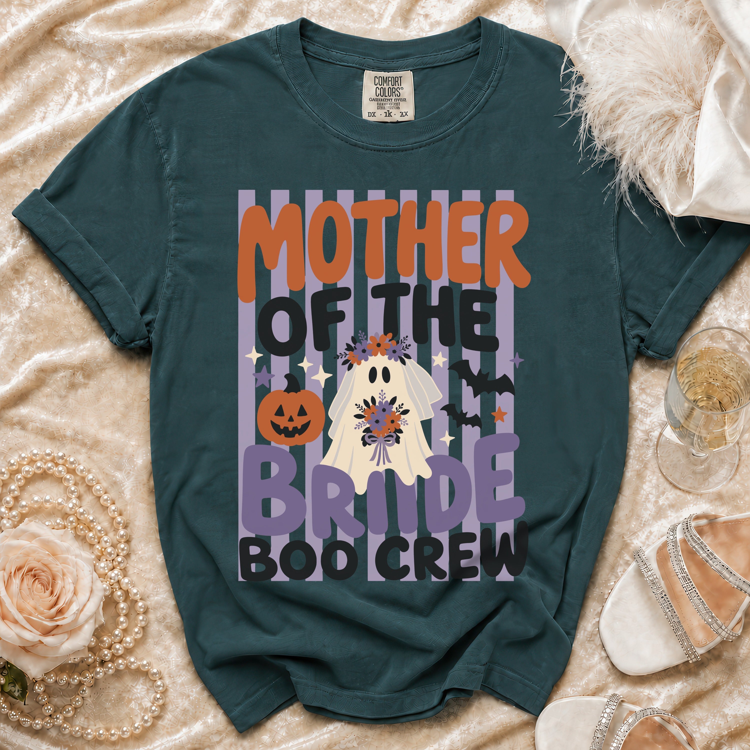 Teal t-shirt with "MOTHER OF THE BRIDE BOO CREW" text and a ghost bride graphic.