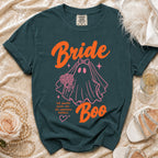 Teal t-shirt with Bride Boo ghost graphic and wedding accessories.