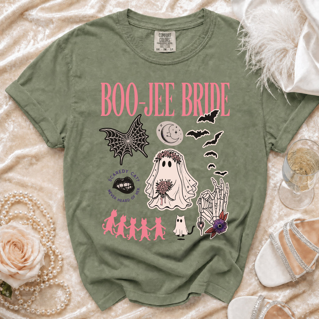 Green t-shirt with "Boo-Jee Bride" text and Halloween-themed graphics.