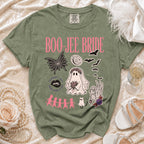 Green t-shirt with "Boo-Jee Bride" text and Halloween-themed graphics.