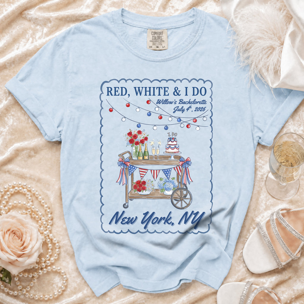 Bachelorette party t-shirt with "Red, White & I Do" and New York skyline.