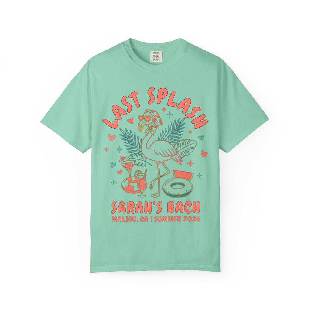 Mint green t-shirt with "Last Splash Sarah's Bach Malibu, CA Summer 2026" design.