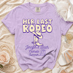 Lavender t-shirt with "Her Last Rodeo" and cowboy boot graphic for "Jennifer's Bach Nashville, TN Summer 2026".