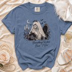 Blue t-shirt with skeleton bride graphic and "Something Wicked Said 'I Do'" text.