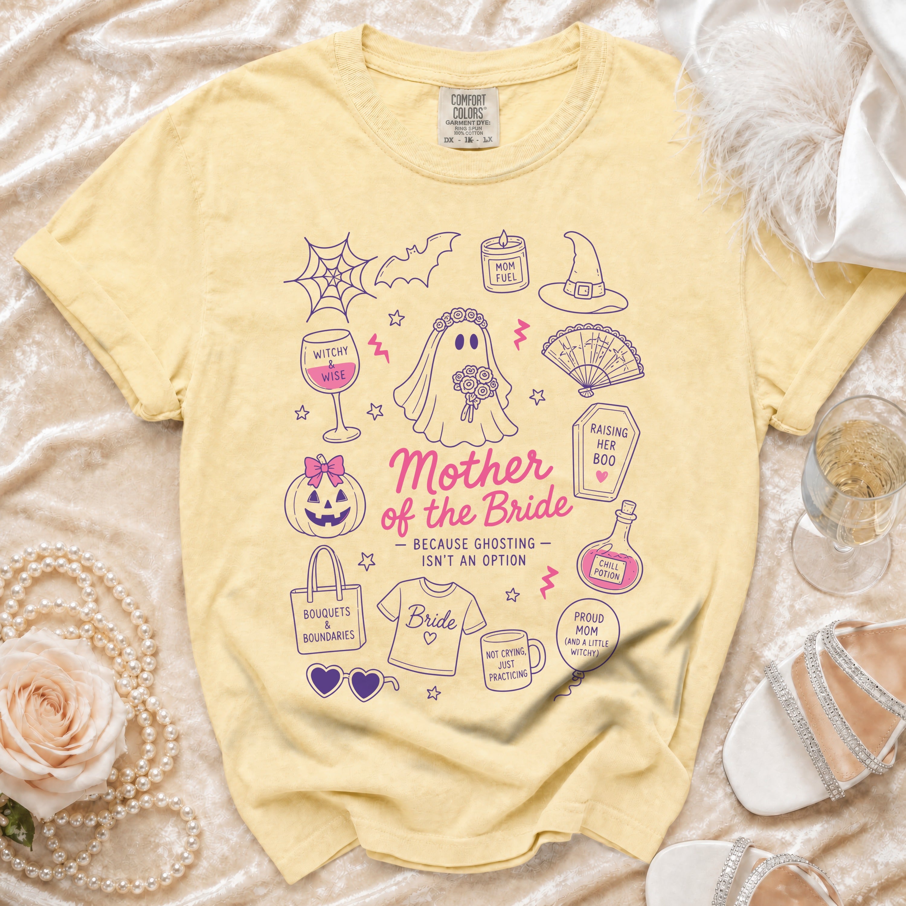 Yellow t-shirt with "Mother of the Bride" and Halloween-themed graphics.
