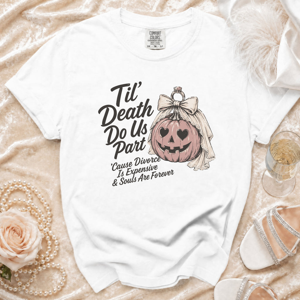 White t-shirt with text and a pumpkin graphic of a bride.