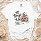 White t-shirt with text and a pumpkin graphic of a bride.