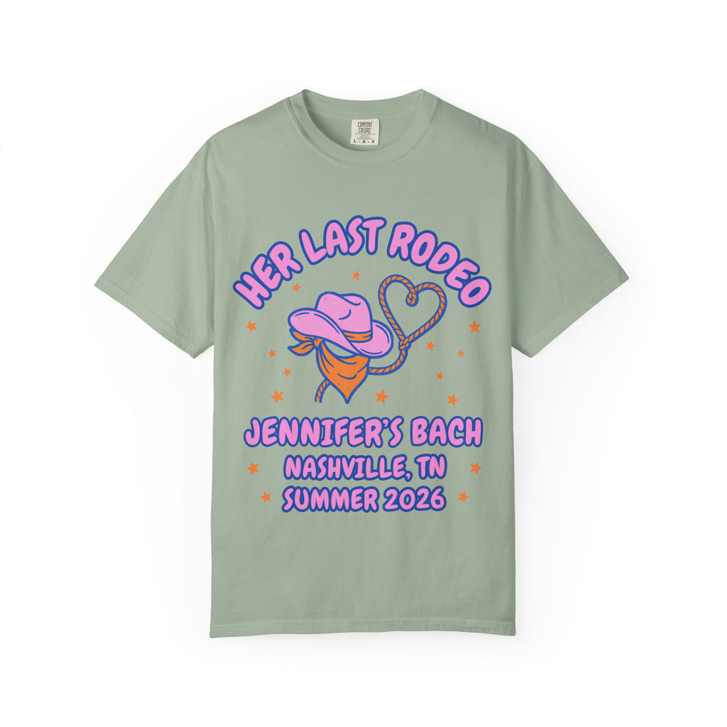 T-shirt with "Her Last Rodeo" text, cowboy hat, lasso, and bachelorette details.
