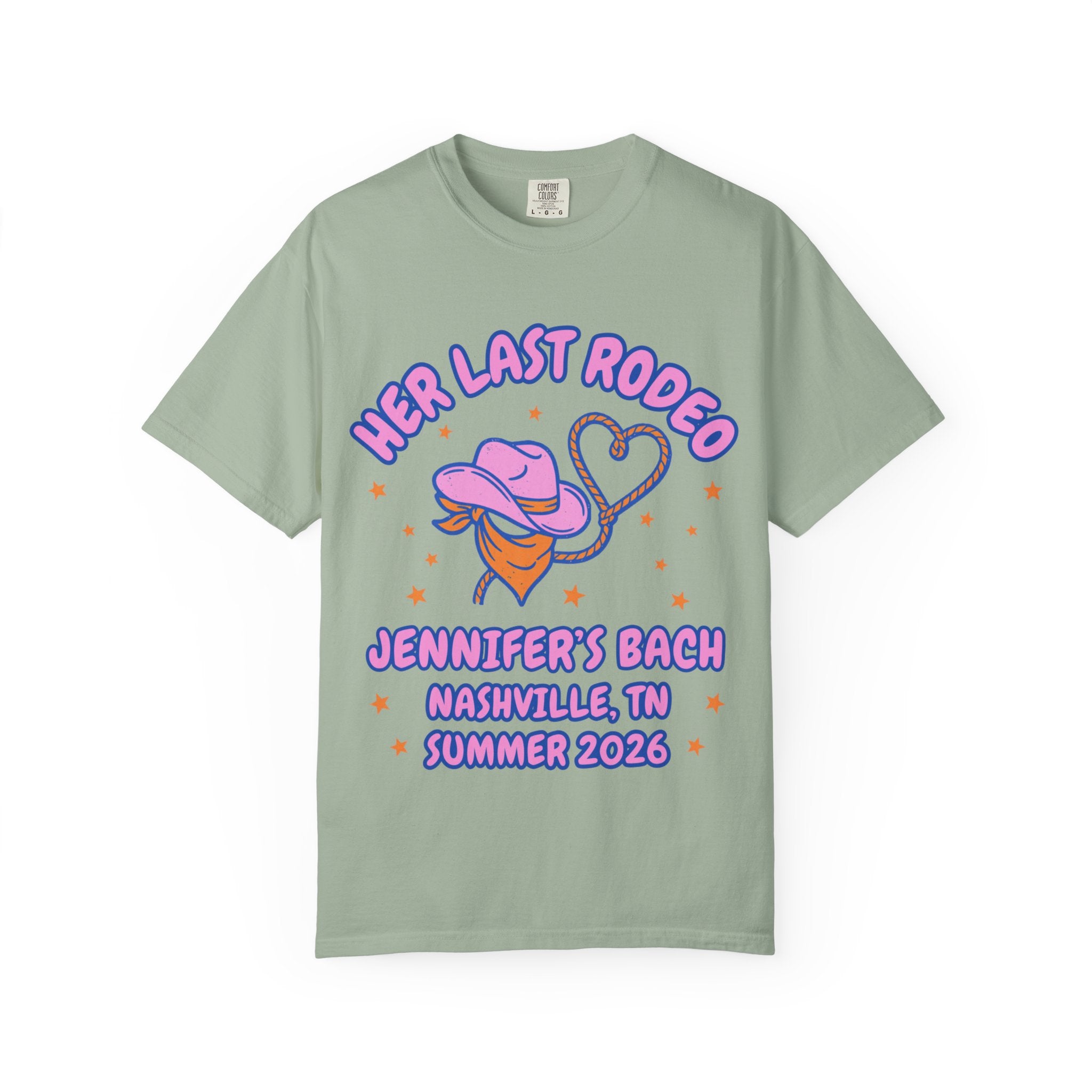 T-shirt with "Her Last Rodeo" text, cowboy hat, lasso, and bachelorette details.