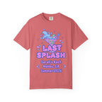 Coral t-shirt with "Last Splash Sarah's Bach Malibu, CA Summer 2026" text and cocktail graphics.