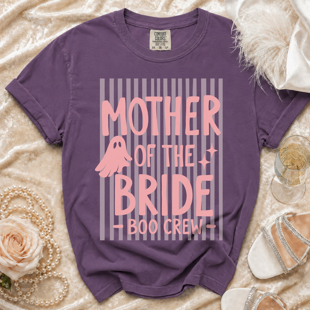 Purple t-shirt with "Mother of the Bride Boo Crew" text and ghost graphic.