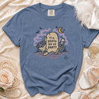 Blue t-shirt with "Til Death Do Us Party" graphic of tombstone, skeleton hand, and roses.