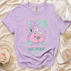 T-shirt graphic featuring a flamingo pool float, cocktails, and "Last Splash" text.