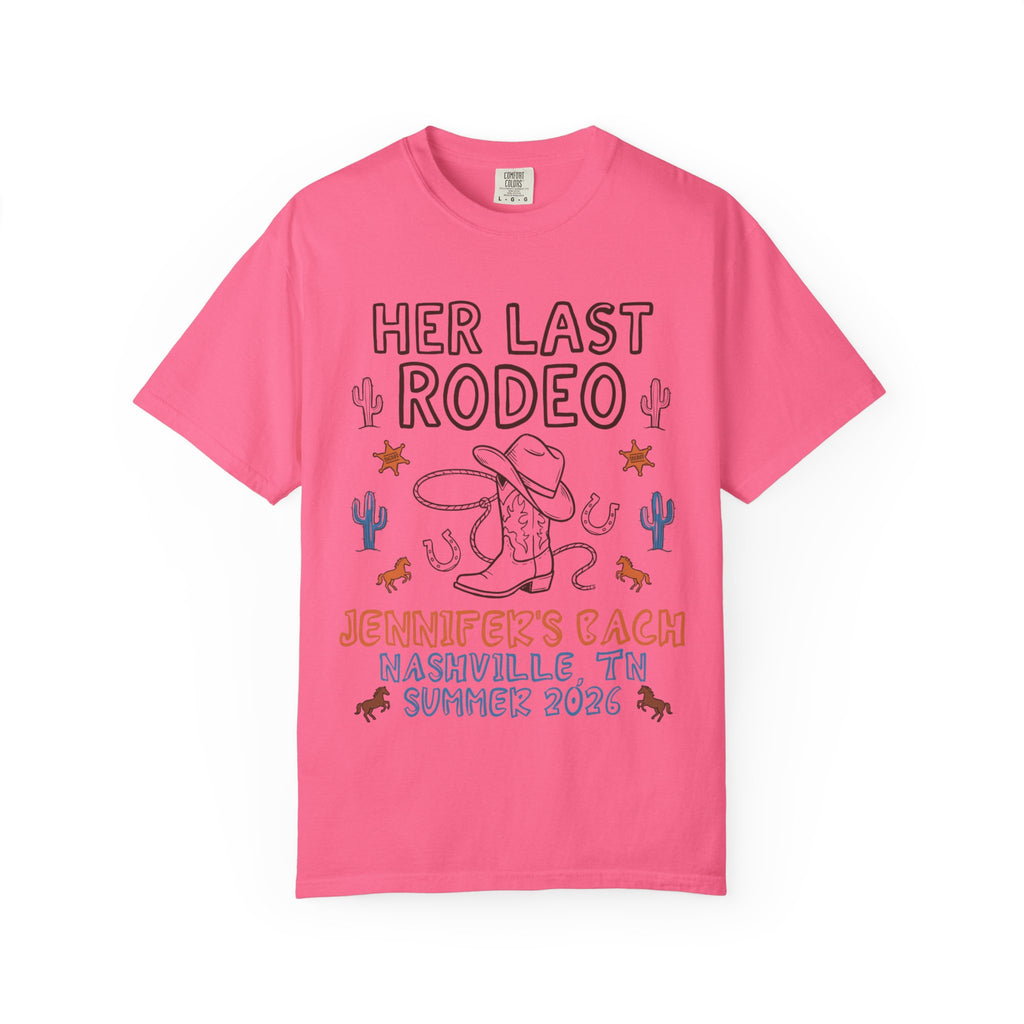 Pink t-shirt with "Her Last Rodeo" and bachelorette party details.