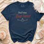 Navy t-shirt with "Dead Serious About Forever" text and ring graphic.