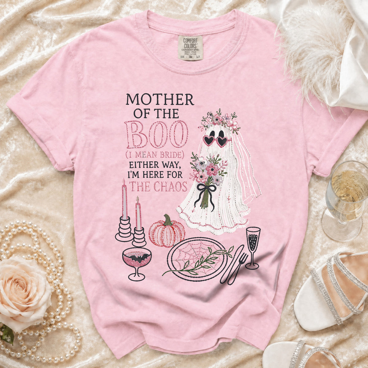 Pink t-shirt with ghost bride graphic and text "Mother of the Boo (I mean Bride) Either Way, I'm Here for the Chaos".