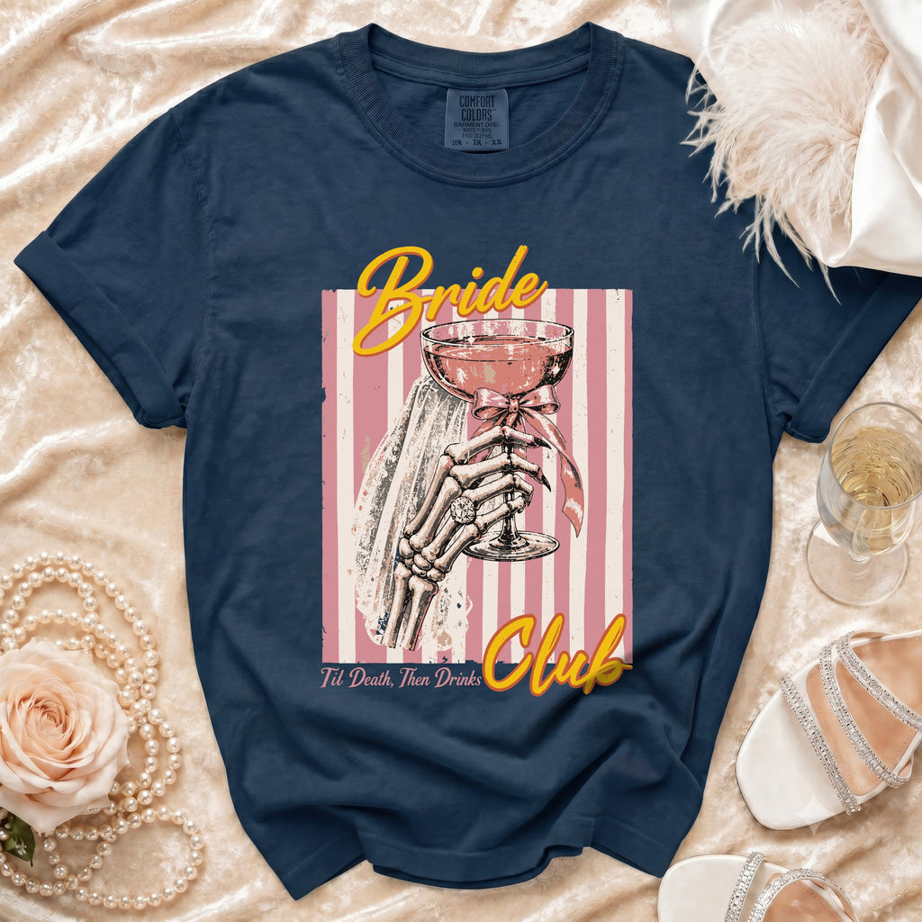 Navy t-shirt with "Bride" and "Club" text, skeleton hand holding champagne.