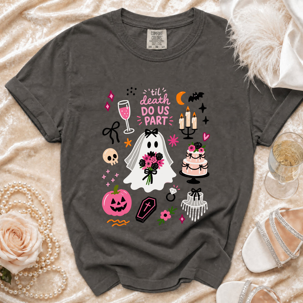 Dark gray t-shirt with ghost bride, pumpkin, coffin, cake, and text: 'til death do us part.