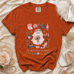 Orange t-shirt with a ghost bride graphic and the text "Til Death Do Us Party."