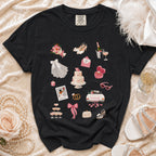 Black t-shirt with watercolor wedding icons: bouquet, shoes, champagne, veil, cake, ring, and car.