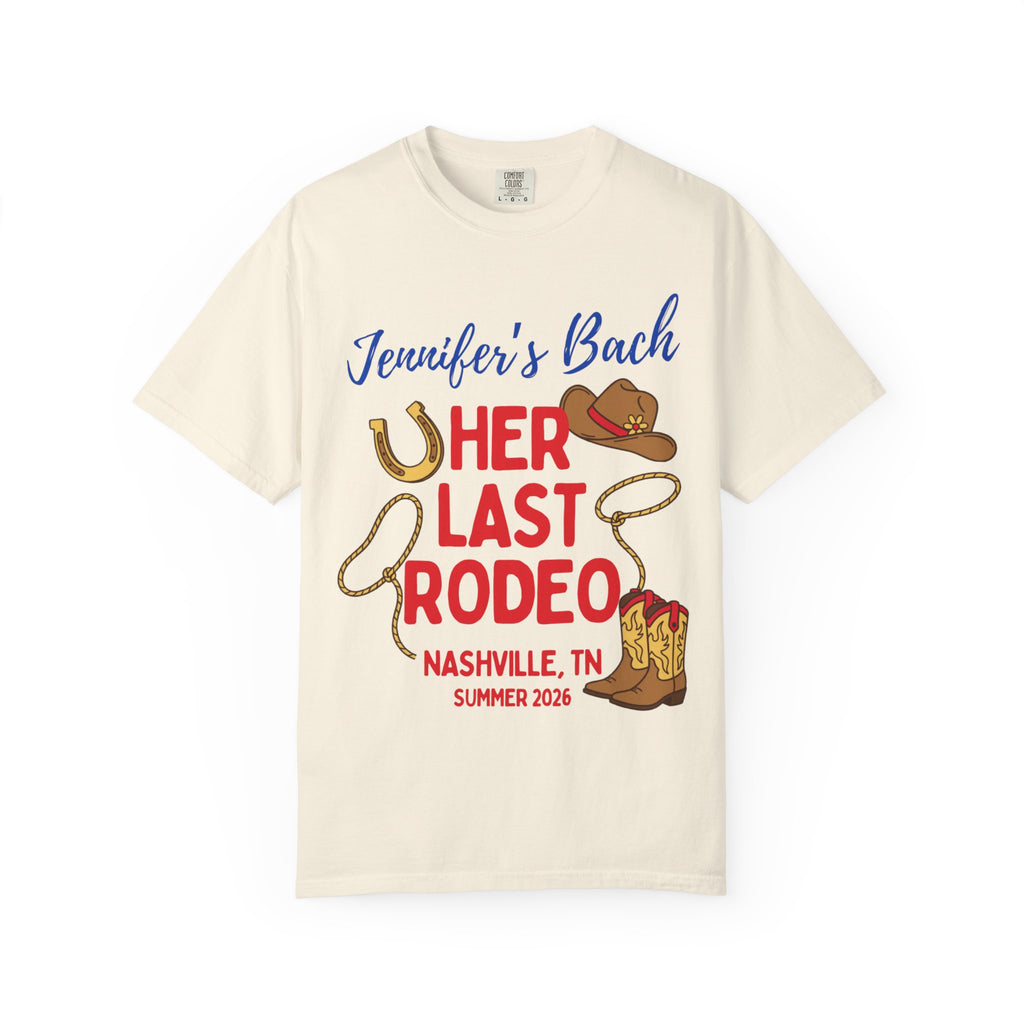 Cream t-shirt with "Jennifer's Bach Her Last Rodeo" text, horseshoe, and cowboy boots.