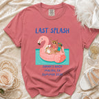 Coral t-shirt with "LAST SPLASH SARAH'S BACH MALIBU, CA SUMMER 2026" and flamingo graphic.
