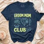 Navy t-shirt with "Groom Mom Club" text and wedding graphics.