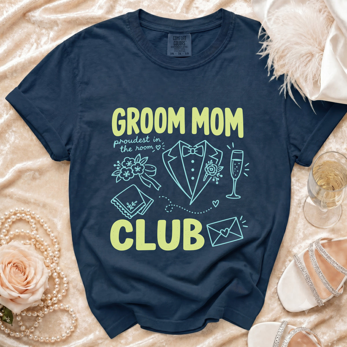 Navy t-shirt with "Groom Mom Club" text and wedding graphics.