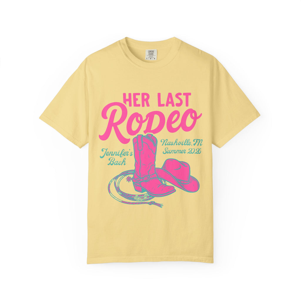 Yellow t-shirt with "Her Last Rodeo" text, cowboy hat, and boots.