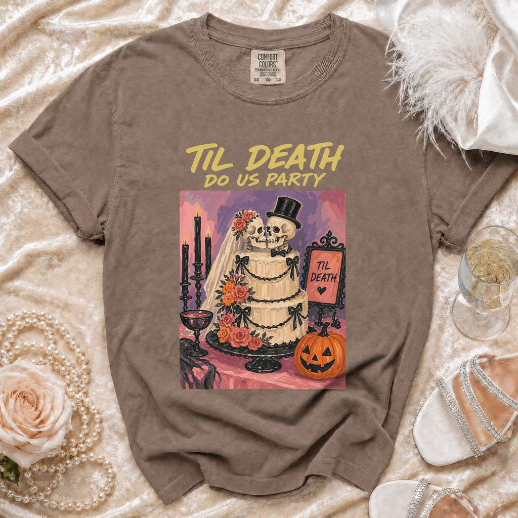 Brown t-shirt with "Til Death Do Us Party" and skeleton wedding graphic.