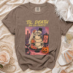 Brown t-shirt with "Til Death Do Us Party" and skeleton wedding graphic.