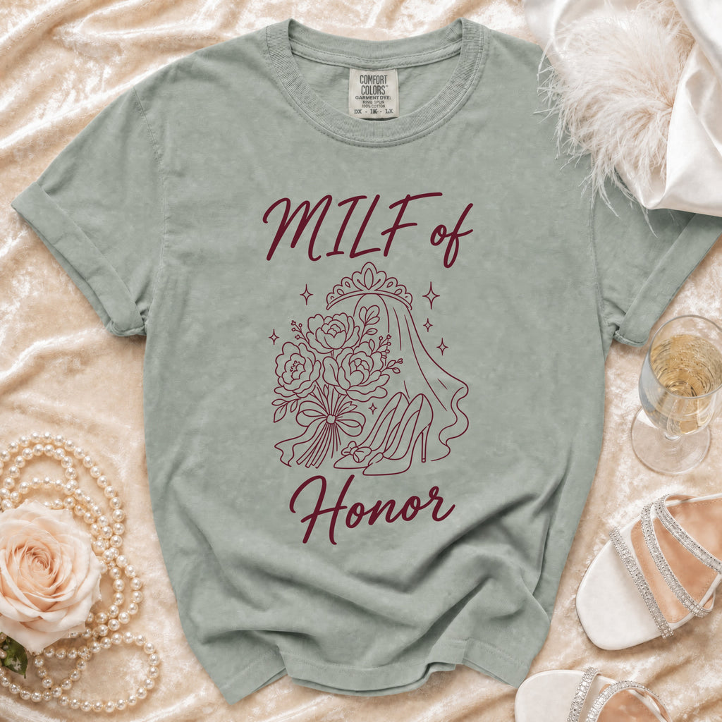 Milf of Honor shirt with bouquet, veil, and high heel graphic.
