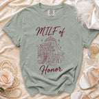 Milf of Honor shirt with bouquet, veil, and high heel graphic.