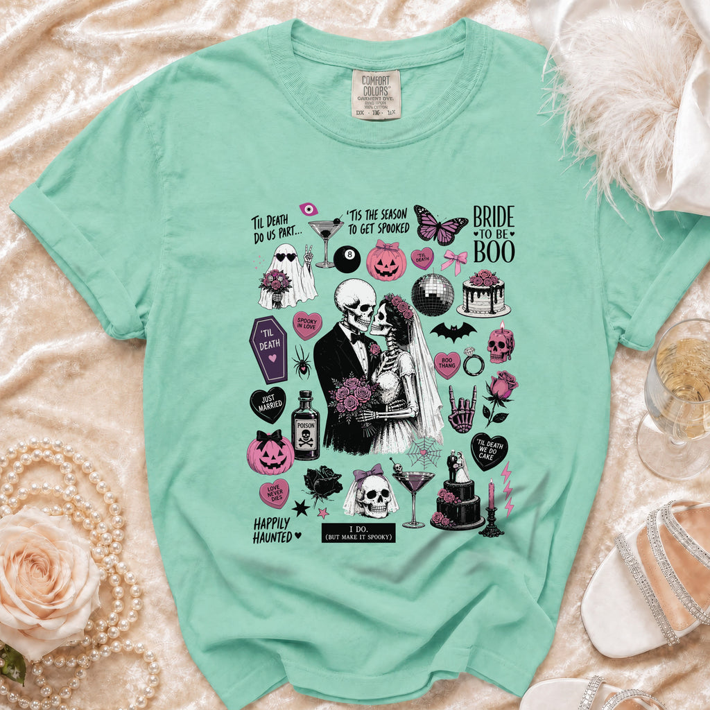 T-shirt with skeleton bride and groom and spooky wedding graphic elements.