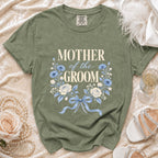 Olive green t-shirt with "Mother of the Groom" and floral design.