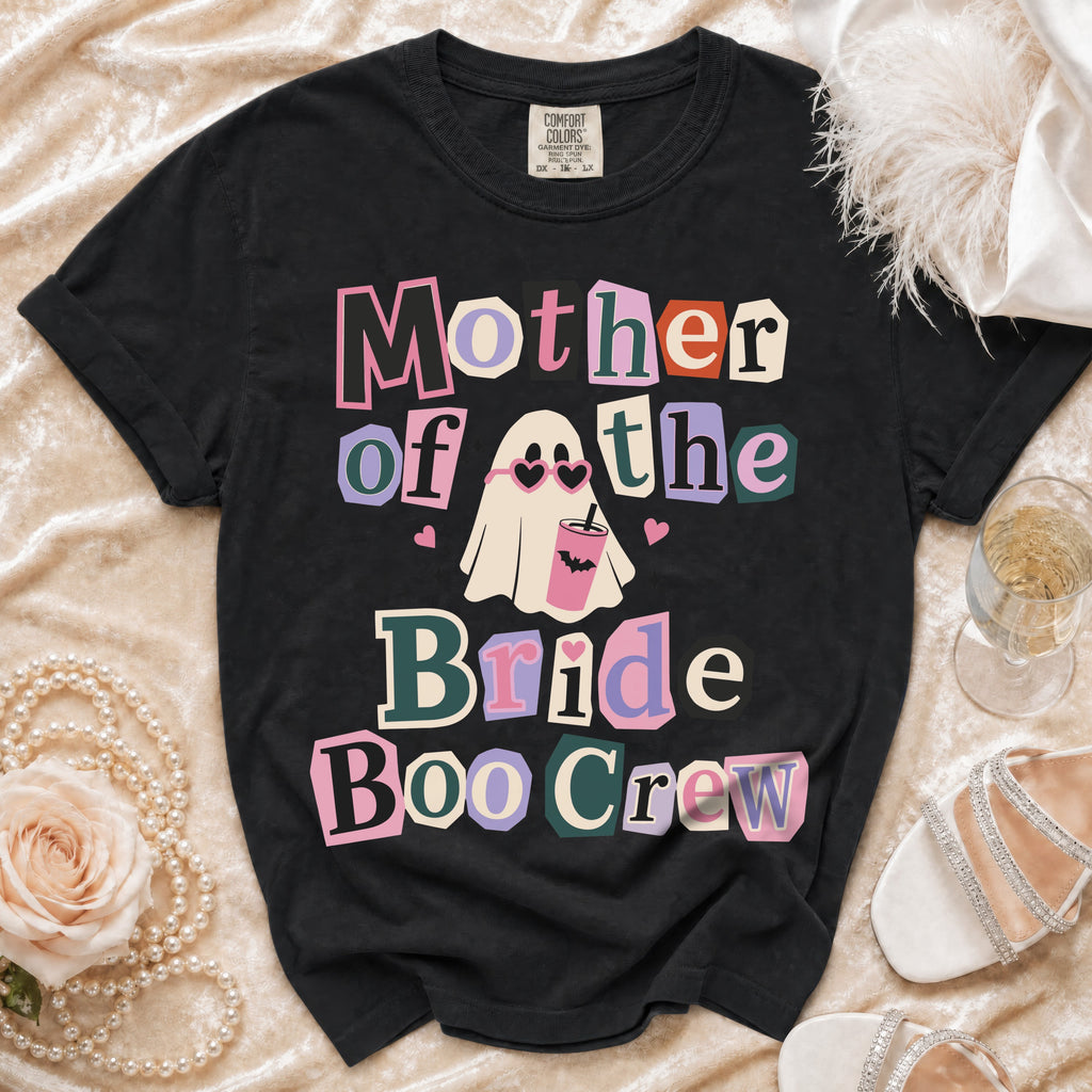 Black t-shirt with "Mother of the Bride Boo Crew" text and ghost graphic.