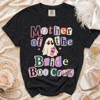 Black t-shirt with "Mother of the Bride Boo Crew" text and ghost graphic.