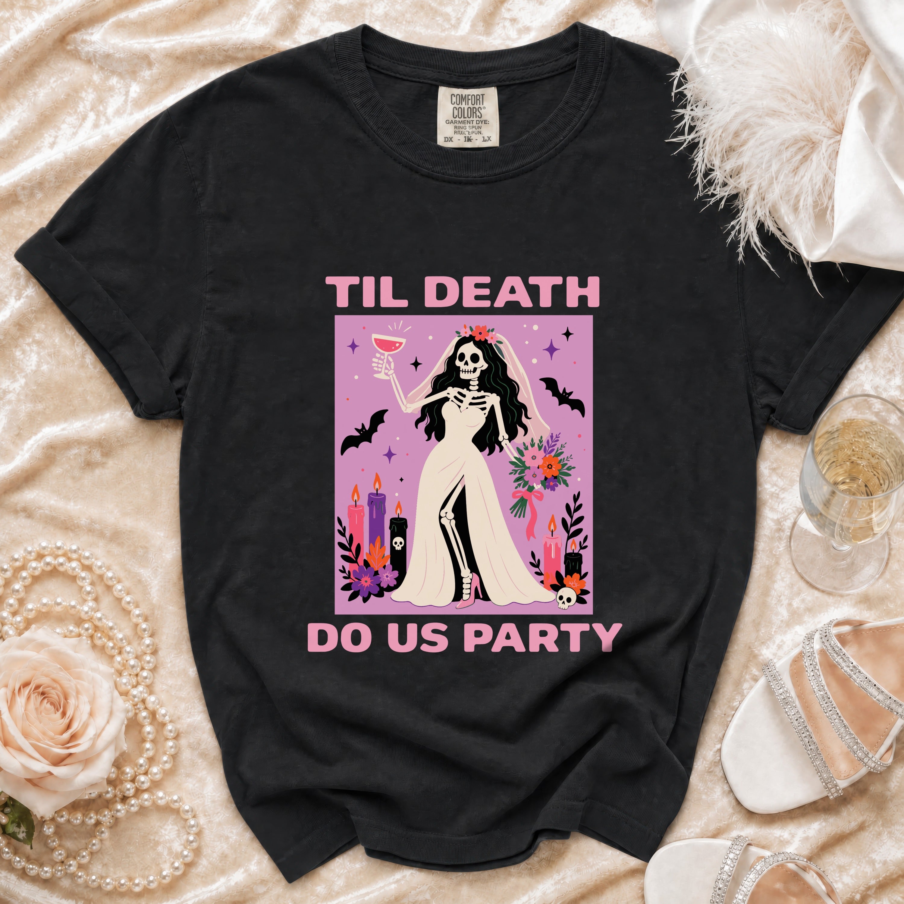 Black t-shirt with skeleton bride graphic and "Til Death Do Us Party" text.