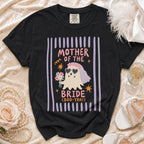 Black t-shirt with ghost graphic reading "Mother of the Bride (Boo-Yah!)".