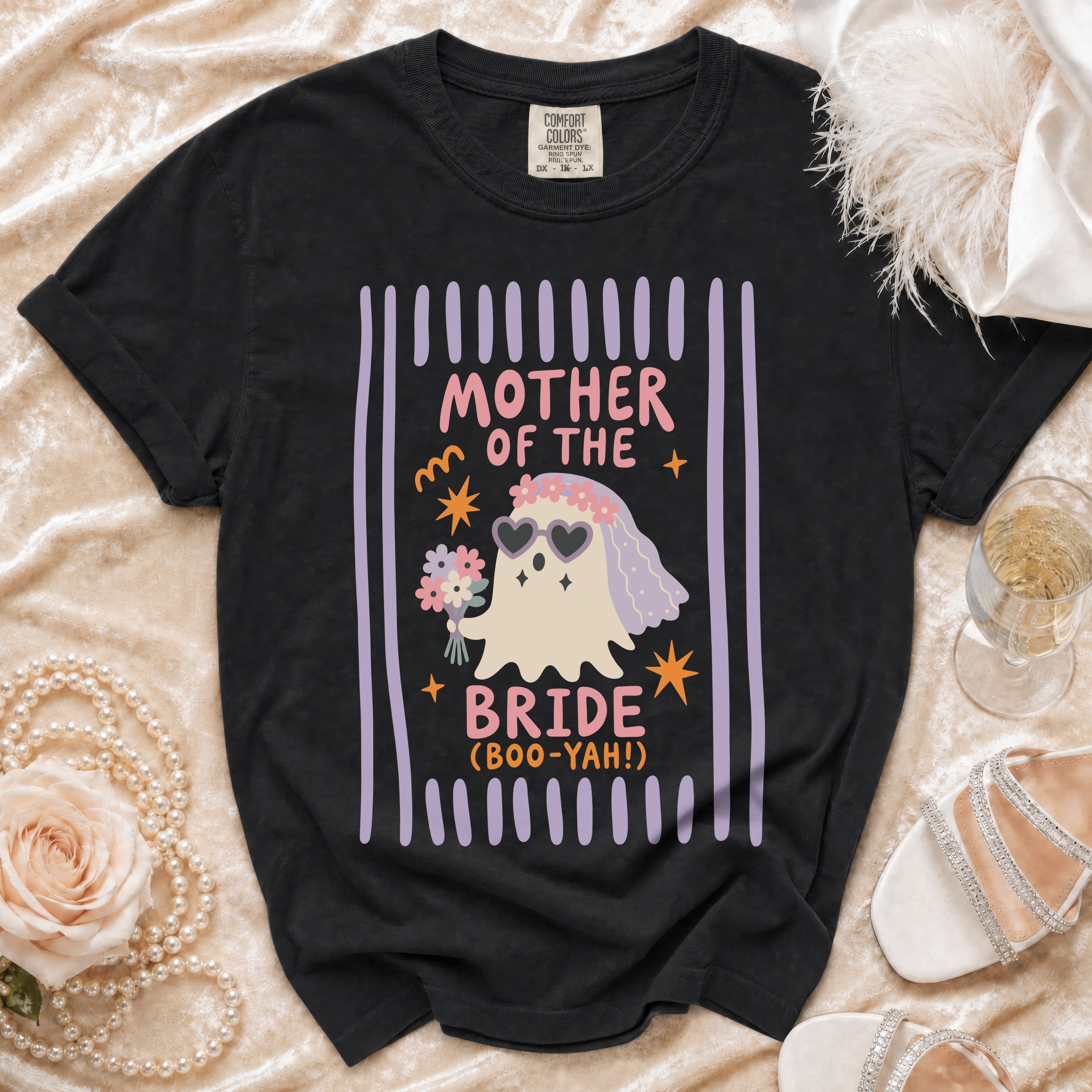 Black t-shirt with ghost graphic reading "Mother of the Bride (Boo-Yah!)".