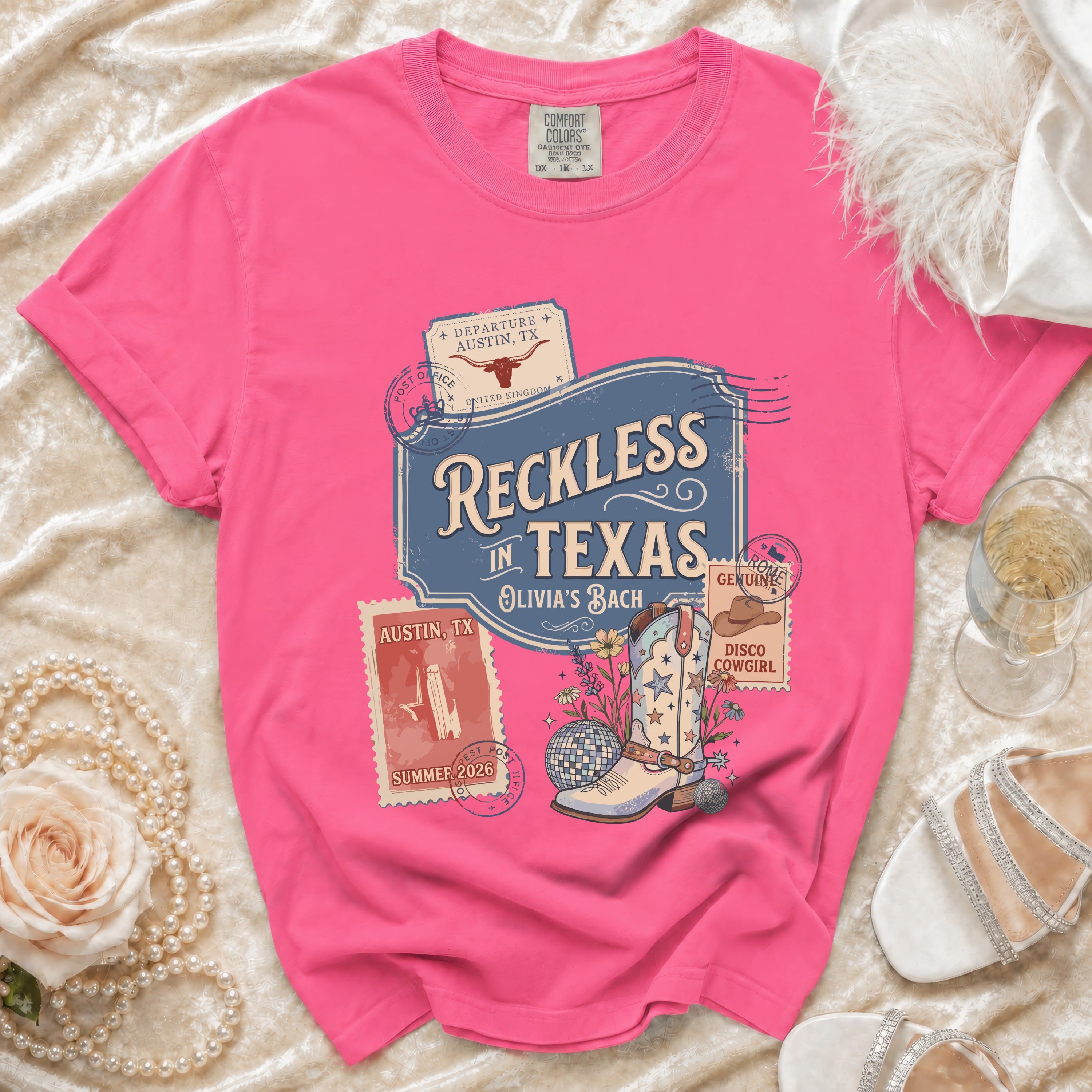 Comfort Colors shirt with "Reckless in Texas" graphic featuring boots and disco ball.