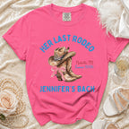 Pink t-shirt with "Her Last Rodeo" and "Jennifer's Bach" text.