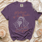 Purple t-shirt with ghost bride graphic reading "Mother of the Bride...and also terrified".