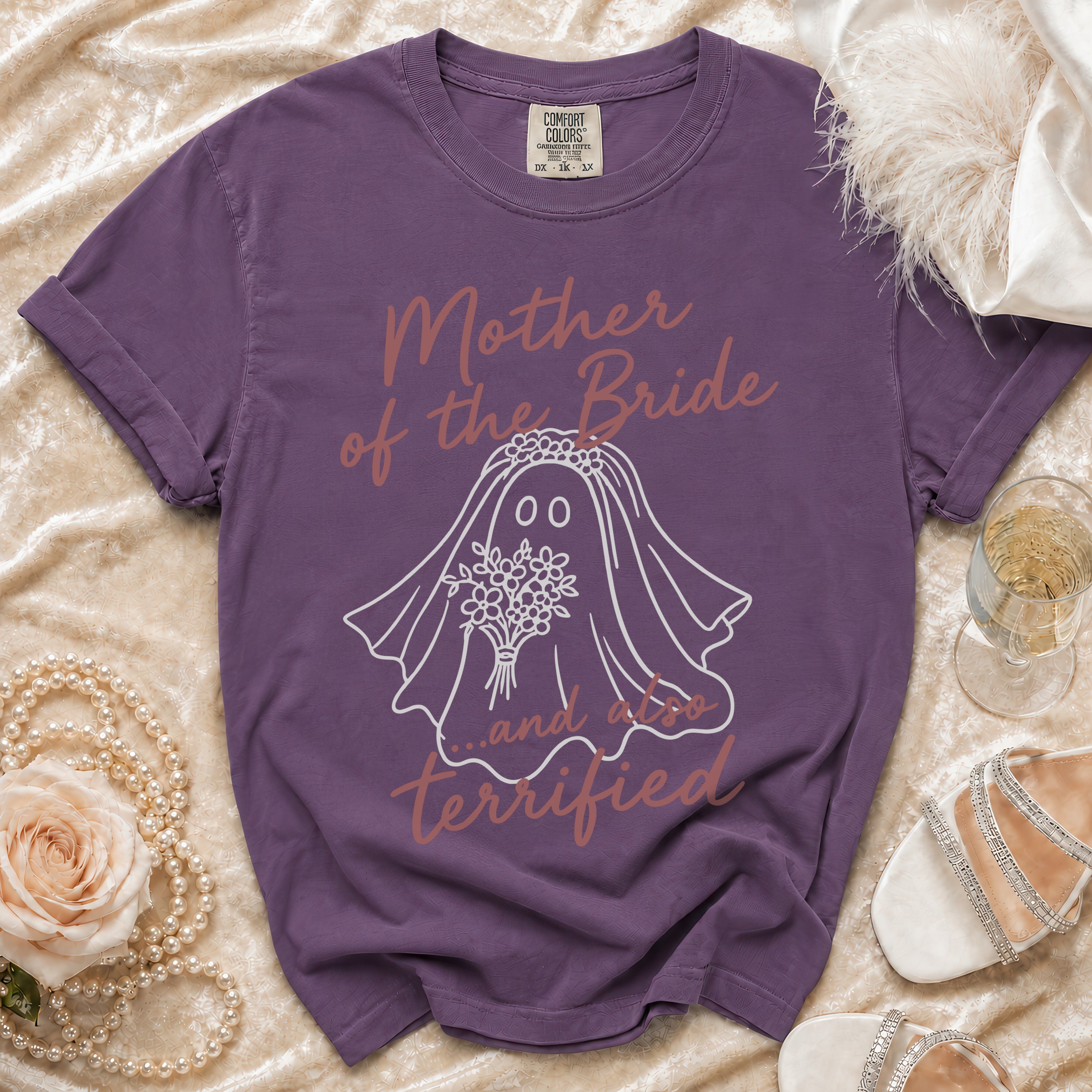 Purple t-shirt with ghost bride graphic reading "Mother of the Bride...and also terrified".
